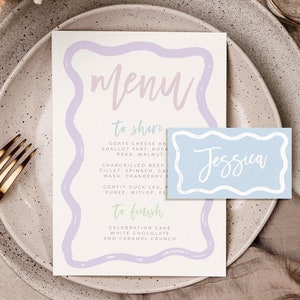 POLLY Wavey Menu Placecard Template, Instant Download Editable Menu Template, Hand Painted Colorful Bridal Shower, Wedding Menu, Templett