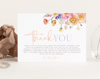 ELLE | Modèle de carte de remerciement de douche nuptiale florale, carte de remerciement de douche nuptiale de jardin floral, téléchargement immédiat Templett modifiable