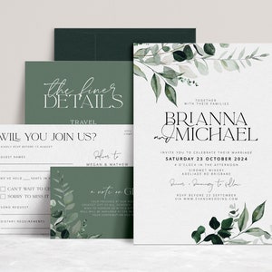 BEACHMERE Greenery Wedding Invitation Template Suite, botanical Printable Wedding Invitation, Wedding Invitations, Leaves Invitation Suite