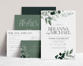 BEACHMERE Greenery Wedding Invitation Template Suite, invitación de boda imprimible botánica, invitaciones de boda, suite de invitación de hojas
