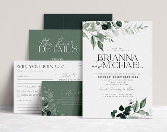 BEACHMERE Greenery Wedding Invitation Template Suite, botanical Printable Wedding Invitation, Wedding Invitations, Leaves Invitation Suite