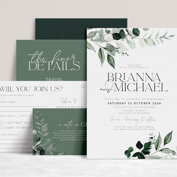 BEACHMERE Greenery Wedding Invitation Template Suite, Faire-part de mariage imprimable botanique, Faire-part de mariage, Feuilles Invitation Suite