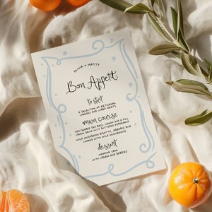 JUPITER Hand Written party dinner Menu Template, Whimsical Menu Card Border, Printable birthday Menu Template, Hand Drawn Menu Wedding