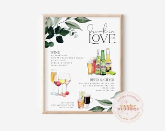 BEACHMERE | Greenery Wedding Bar Menu, Editable Drinks Sign template, Printable Signature Drinks, templett instant download