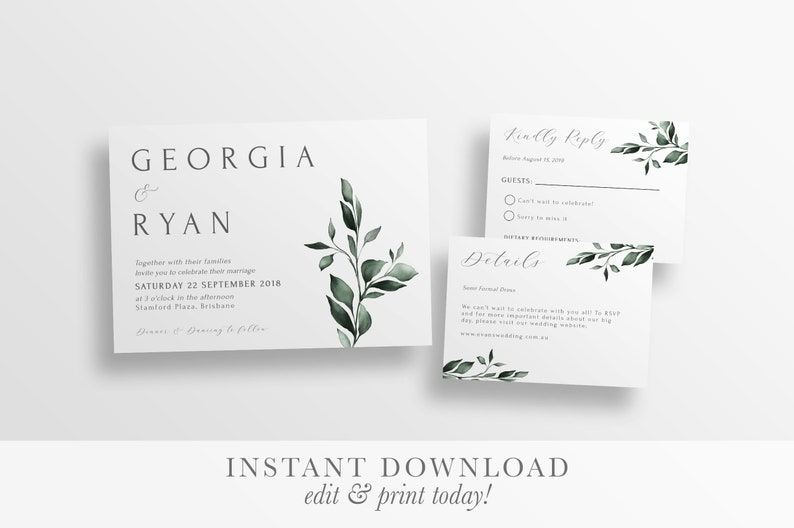 GEORGIA Botanical wedding invitation template Printable wedding invitation Greenery wedding templett instant download