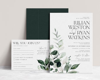 BEACHMERE  Wedding Invitation with RSVP Template, Botanical Wedding Greenery RSVP, Eucalyptus Invitation, Templett Instant Download