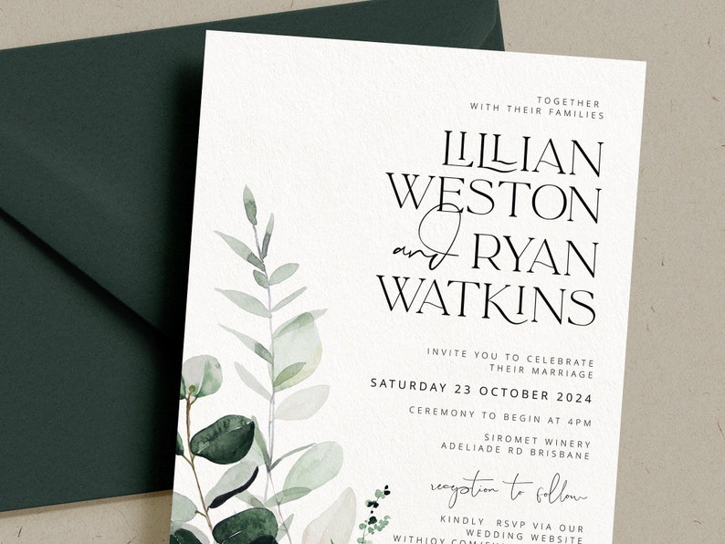 BEACHMERE Greenery Wedding Invitation Template Suite, botanical Printable Wedding Invitation, Wedding Invitations, Leaves Invitation Suite image 8