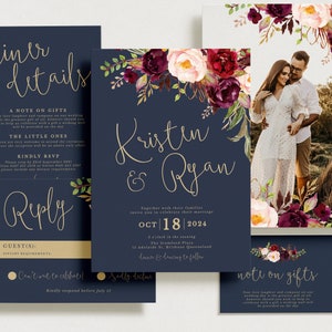 LUCY  Floral Wedding Invitation Suite Template, Marsala Navy Gold wedding invitation set, wedding templett instant download