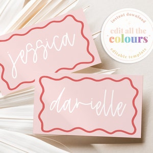 ELENI Pink Wave Placecard Template, Instant Download Editable Wriggly Name Card Template, Hand Drawn Colourful Bridal Shower, Templett