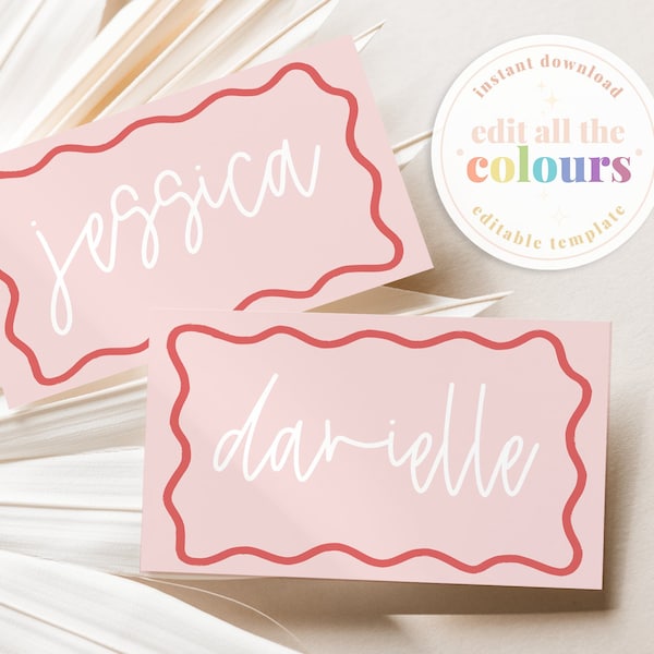 ELENI Pink Wave Placecard Template, Instant Download Editable Wriggly Name Card Template, Hand Drawn Colourful Bridal Shower, Templett