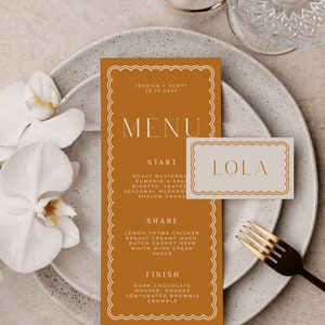 Modèle de placecard de menu de mariage en terre cuite BELLA, menu rustique de bordure festonnée ondulée, téléchargement immédiat modifiable Templett
