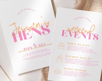 LANA Pink Orange Modern Hens Weekend Events Invitation | Instant Download | Editable Hens Invitation | Bridal Shower Invitation templett