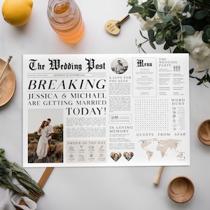 Editable Newspaper Wedding Placemat, Fun Printable Wedding Menu Template, DIY Wedding Timeline Program Template, Wedding Program Templett image 2