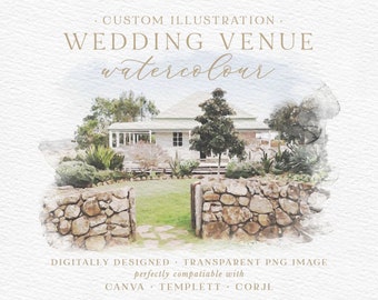 Custom Watercolour Wedding Venue Illustration, Digital Watercolor Wedding Venue Painting, Digital Download, PNG JPEG Format