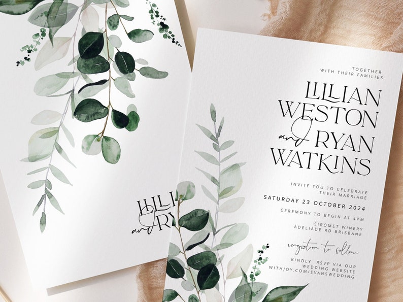 BEACHMERE Greenery Wedding Invitation Template Suite, botanical Printable Wedding Invitation, Wedding Invitations, Leaves Invitation Suite image 7