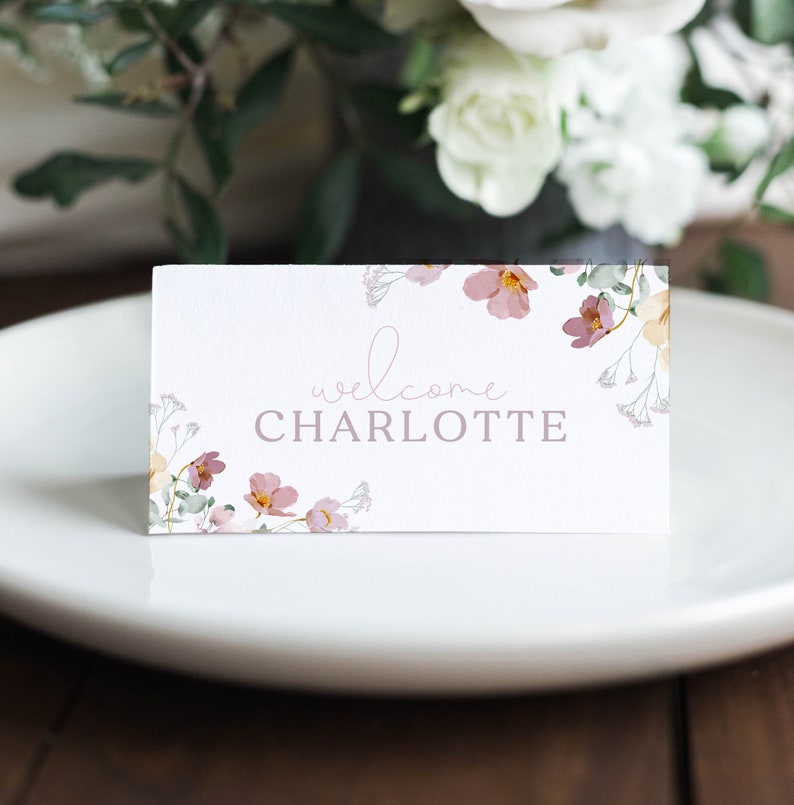 RUBY Floral Bridal Shower Placecard Template, Bridal Shower Editable Place Card, Escort Guest Card, Instant Download Editable Templett image 1