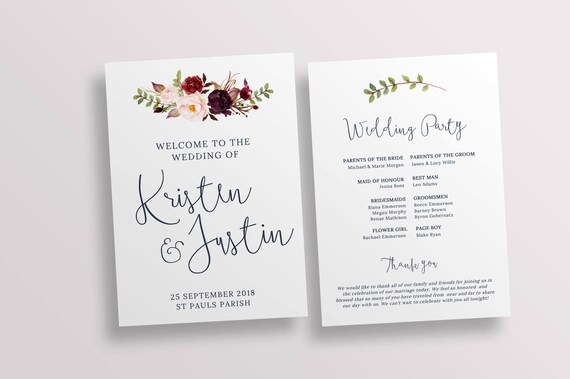 Ceremony Program Wedding Program Church Program Template Etsy
