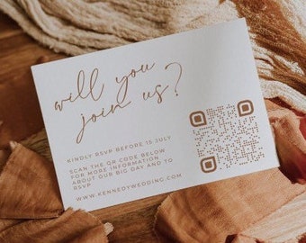 Plantilla de tarjeta QR RSVP de boda boho, plantilla de inserción de boda de terracota, descarga instantánea de Templett editable imprimible BELLMERE