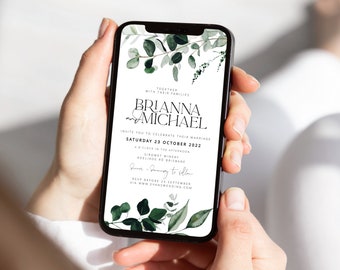 BEACHMERE  Digital Wedding Invitation template, electronic SMS Mobile Wedding Greenery Invite, Eucalyptus, Templett Instant Download