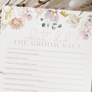 RUBY  What Did The Groom Say, Bridal shower game template, Pink Purple Garden Bridal Shower game, Instant Download Editable Templett