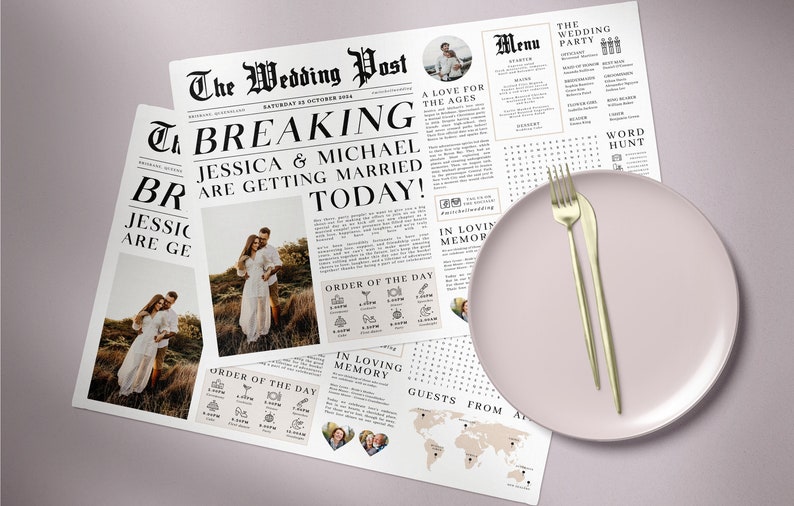 Editable Newspaper Wedding Placemat, Fun Printable Wedding Menu Template, DIY Wedding Timeline Program Template, Wedding Program Templett image 8