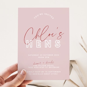 BRODY Hens Party Invitation template, Printable pink red bachelorette party invite, SMS editable invite, templett instant download