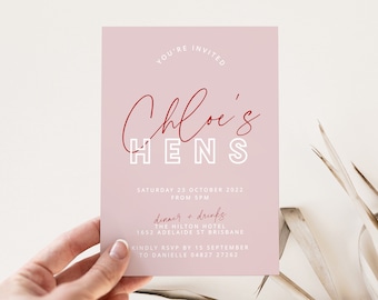 BRODY Hens Party Invitation template, Printable pink red bachelorette party invite, SMS editable invite, templett instant download