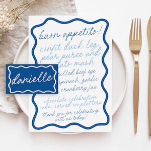 ELENI Blue Wave Wedding Menu Placecard Template, Santorini Italy Instant Download Editable Menu Template, Wriggly Bridal Shower, Templett