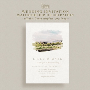 Elegent Watercolour Wedding Venue Illustration, Personalised Digital Invite Template, Watercolour Wedding Invitation Template Canva