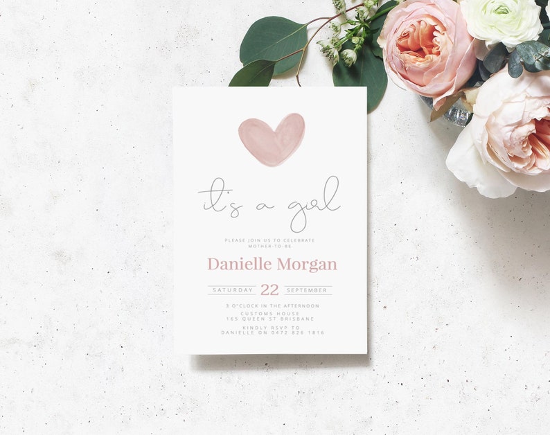 templett instant download It/'s a girl HEARTS Baby Girl Shower Invitation Template Printable Baby Shower Invite Template
