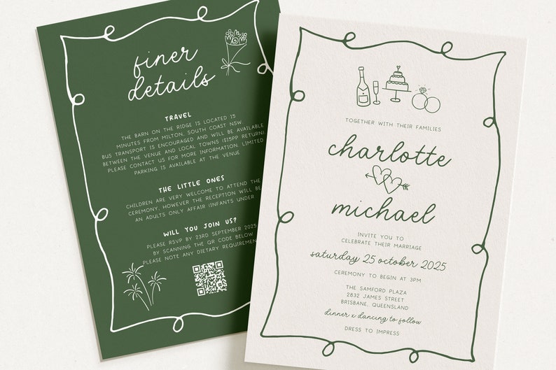 POET Modern Quirky Wedding Invitation Template, Green Hand drawn Wave Wedding Invite, Engagement Invite, Editable Templett Instant Download image 8