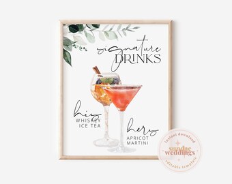 BEACHMERE | Greenery Wedding Signature Drinks Menu, Cocktails Drinks Signs template, Printable Signature Drinks, templett instant download