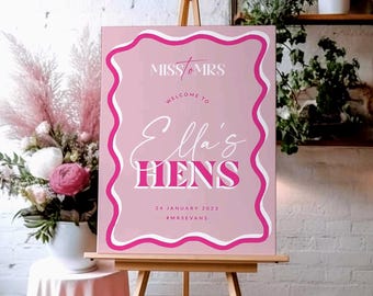 SONNY Hens Party welcome sign template, Pink Wavey bachelorette party, editable welcome template, templett instant download