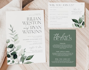 BEACHMERE  Editable Wedding Invitation Template Suite, botanical Printable Wedding Invitation, Wedding Invitations, Leaves Invitation Suite