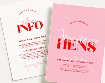 LANA Pink Red Modern Hens Invitation | Instant Download | Editable Hens Invitation | Pink Party Invite | Bridal Shower Invitation templett