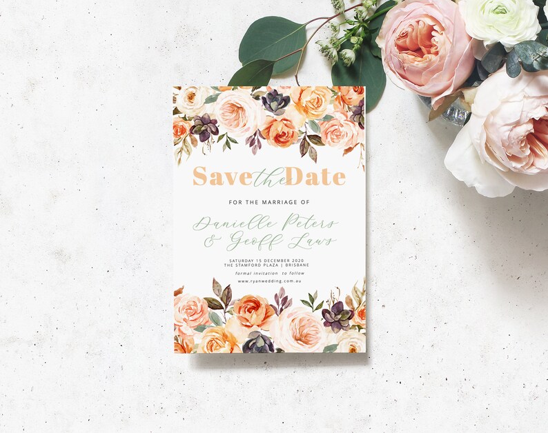 Watercolour Floral wedding templett instant download AMELIA Printable rustic wedding Date Saver Autumn Wedding Save the Date template