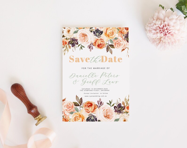Watercolour Floral wedding templett instant download AMELIA Printable rustic wedding Date Saver Autumn Wedding Save the Date template