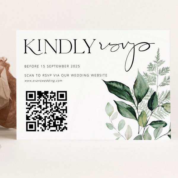Greenery QR Code RSVP Card Template Download, eucalyptus Wedding Insert Card, Templett Instant Download BEACHMERE