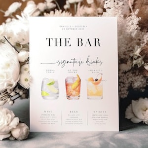BRIBIE Wedding Bar Signature cocktails Menu, Cocktail Bar Sign template, Printable Signature Drinks Menu, templett instant download