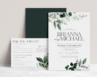 BEACHMERE Wedding Invitation with RSVP Template, Botanical Wedding Greenery, Eucalyptus Invitation, Templett Instant Download