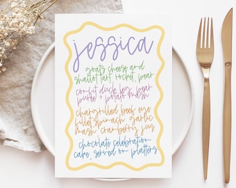 ELENI  Colourful Wriggly Guest Name Menu Template, Instant Download Editable Menu Template, Hand Painted Colorful Bridal Shower, Templett