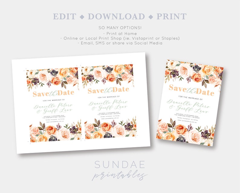 Watercolour Floral wedding templett instant download AMELIA Printable rustic wedding Date Saver Autumn Wedding Save the Date template