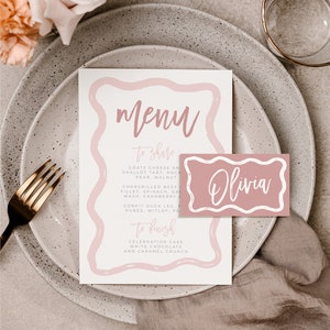 Pink Wriggly Menu Placecard Template, Instant Download Editable Menu Template, Hand Painted Shower Wedding Menu, Templett POLLY