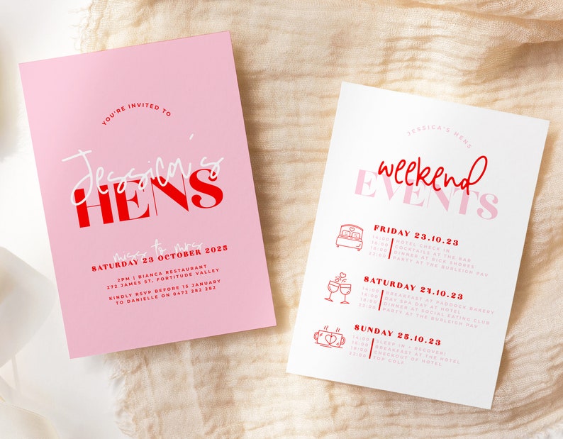 LANA Pink Red Modern Hens Weekend Events Invitation Instant Download Editable Hens Invitation Bridal Shower Invitation templett image 3