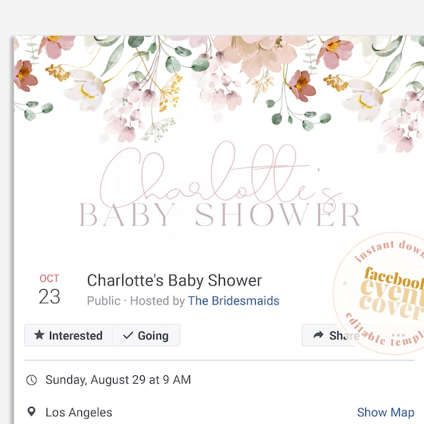 RUBY Baby Shower Facebook Event Banner Template, Pastel Garden Floral Baby Shower invitation, Instant Download Editable Templett