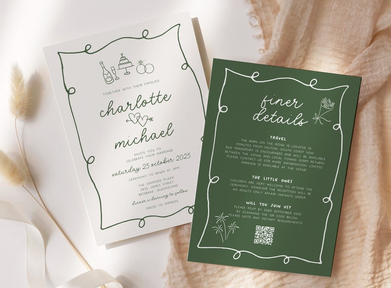 POET Modern Quirky Wedding Invitation Template, Green Hand drawn Wave Wedding Invite, Engagement Invite, Editable Templett Instant Download image 1