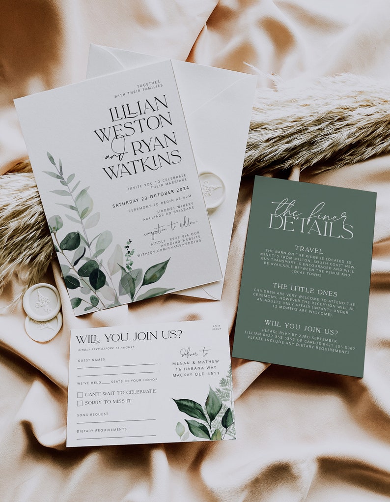 BEACHMERE | Greenery Wedding Invitation Template Suite, botanical Printable Wedding Invitation, Wedding Invitations, Leaves Invitation Suite 