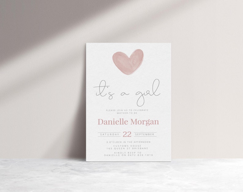 templett instant download It/'s a girl HEARTS Baby Girl Shower Invitation Template Printable Baby Shower Invite Template