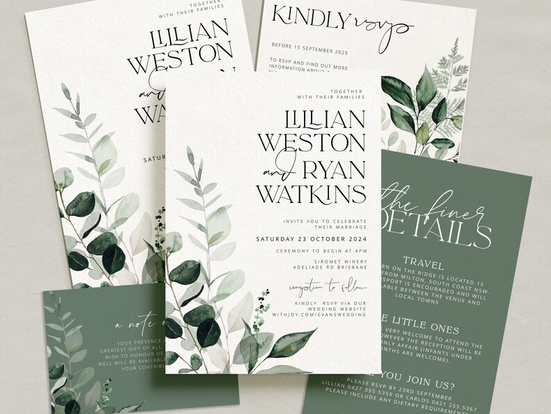 BEACHMERE Greenery Wedding Invitation Template Suite, botanical Printable Wedding Invitation, Wedding Invitations, Leaves Invitation Suite image 6