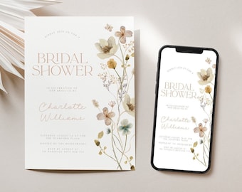 Editable Floral Bridal Shower Invitation template, Printable Kitchen Tea Brunch party invite, templett instant download WILDE